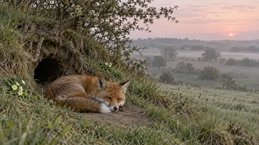A russet vixen with a white-tipped tail lies curled with her chin on her paws and eyes half open at the round mouth of a fox earth on a grassy bank with primroses in soft dawn side light over a misty meadow.