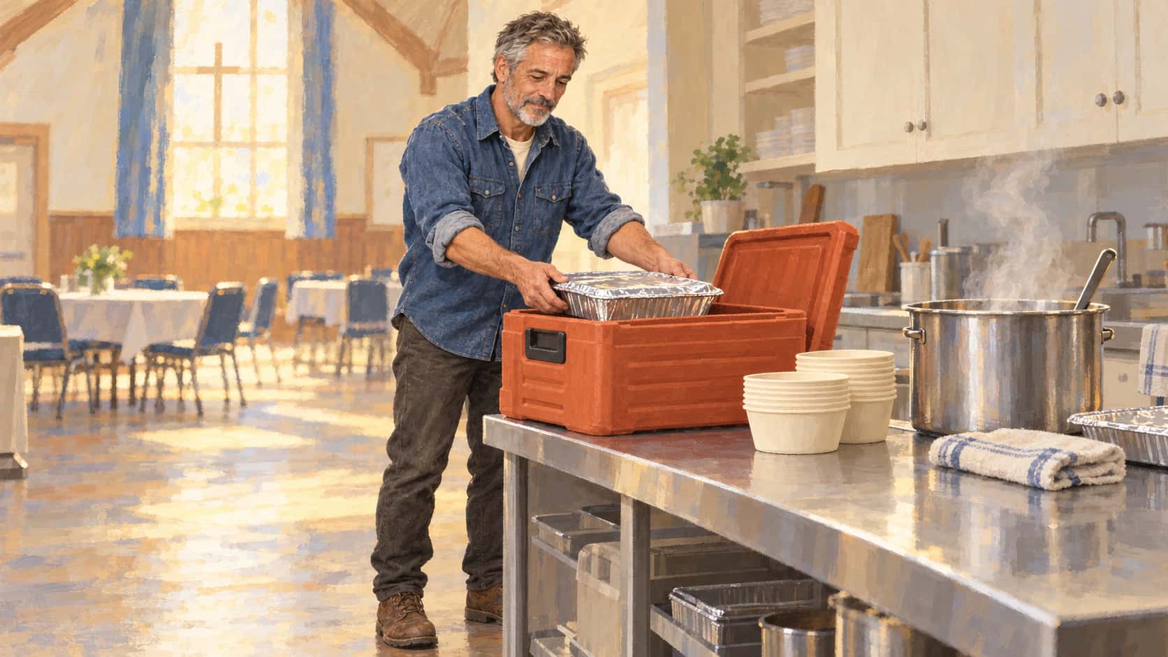 A grey bearded volunteer in a denim work shirt lowers a foil wrapped warm meal into an insulated carrier beside stacked bowls and a steaming pot in a church kitchen.