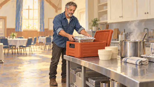 A grey bearded volunteer in a denim work shirt lowers a foil wrapped warm meal into an insulated carrier beside stacked bowls and a steaming pot in a church kitchen.