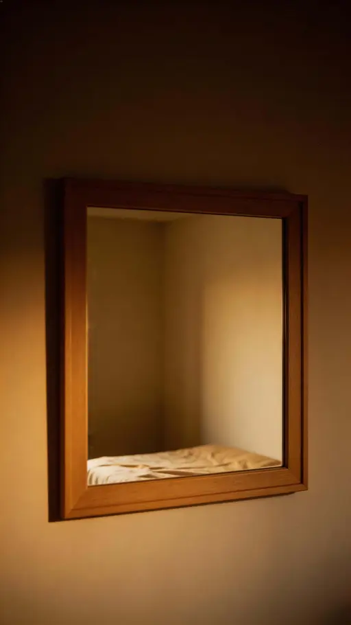 Intimate vertical interior photo of a wooden-framed wall mirror reflecting a dim, empty bed corner with soft warm light, subtle grain, vignette, and quiet absence.