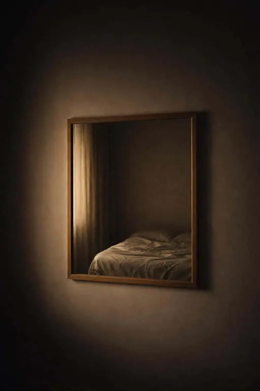 Vertical 2:3 intimate interior photograph of a simple wooden-framed mirror reflecting a bed corner and dim warm light, conveying quiet absence with soft contrast and film grain.