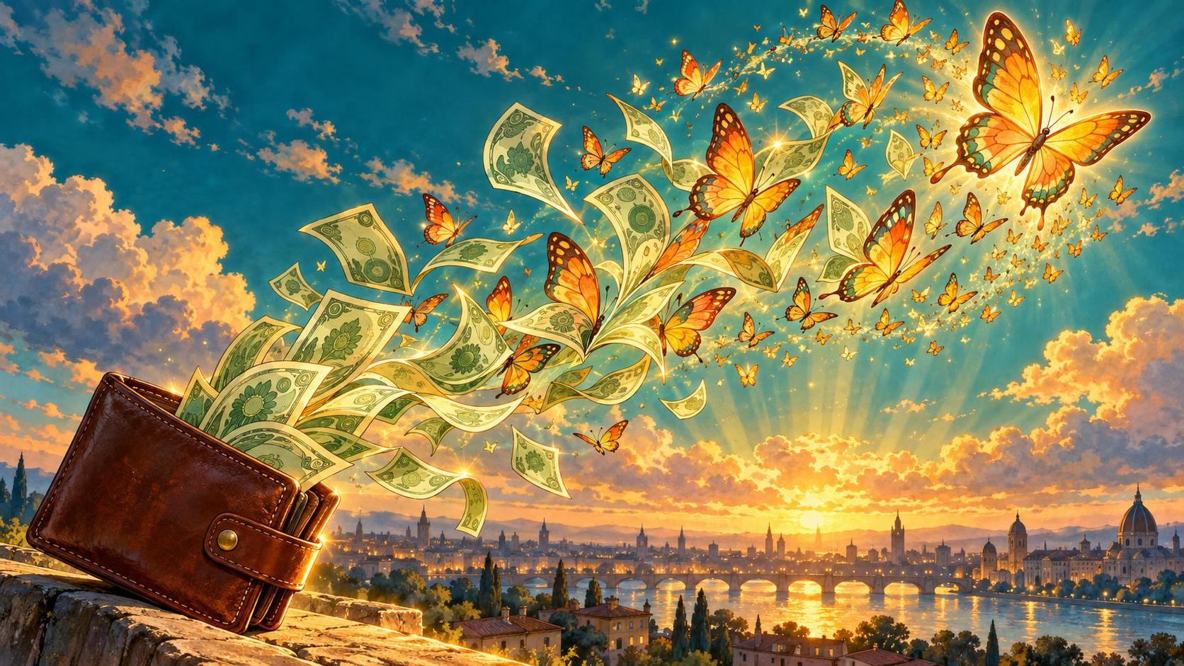 A leather wallet opens and releases a swirl of banknotes and colourful butterflies that fly up above a city skyline in a retro animated film still.