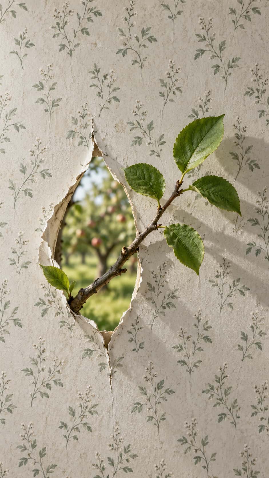 Torn sage botanical wallpaper on a plaster wall with a real leafy twig grown through a tear-shaped aperture, its sharp shadow crossing the printed sprigs and a blurred orchard glowing behind the opening.