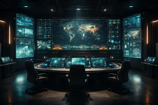 Cinematic war-room interior with surrounding glowing data panels and tactical displays, rendered as a widescreen concept scene for a wallpaper or poster-style composition.