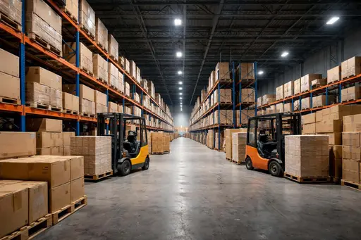 A wide 3:2 architectural photograph of a warehouse interior with stacked cardboard boxes and active forklifts, shot for background or editorial use with industrial mood and clear framing.