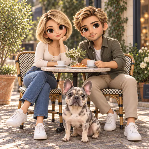 A blonde woman and a man share a cafe table with their dog in front, surrounded by leafy courtyard greenery.