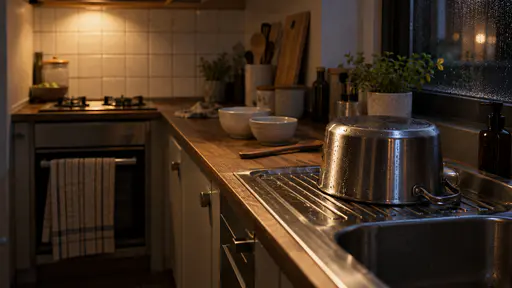 In quiet night light a single washed steel pot stands upside down on the dish drainer beside the sink of a small kitchen with water beading on its base, a clean wooden spoon and two bowls beside it, the hob wiped clean and a tea towel folded over the oven handle.