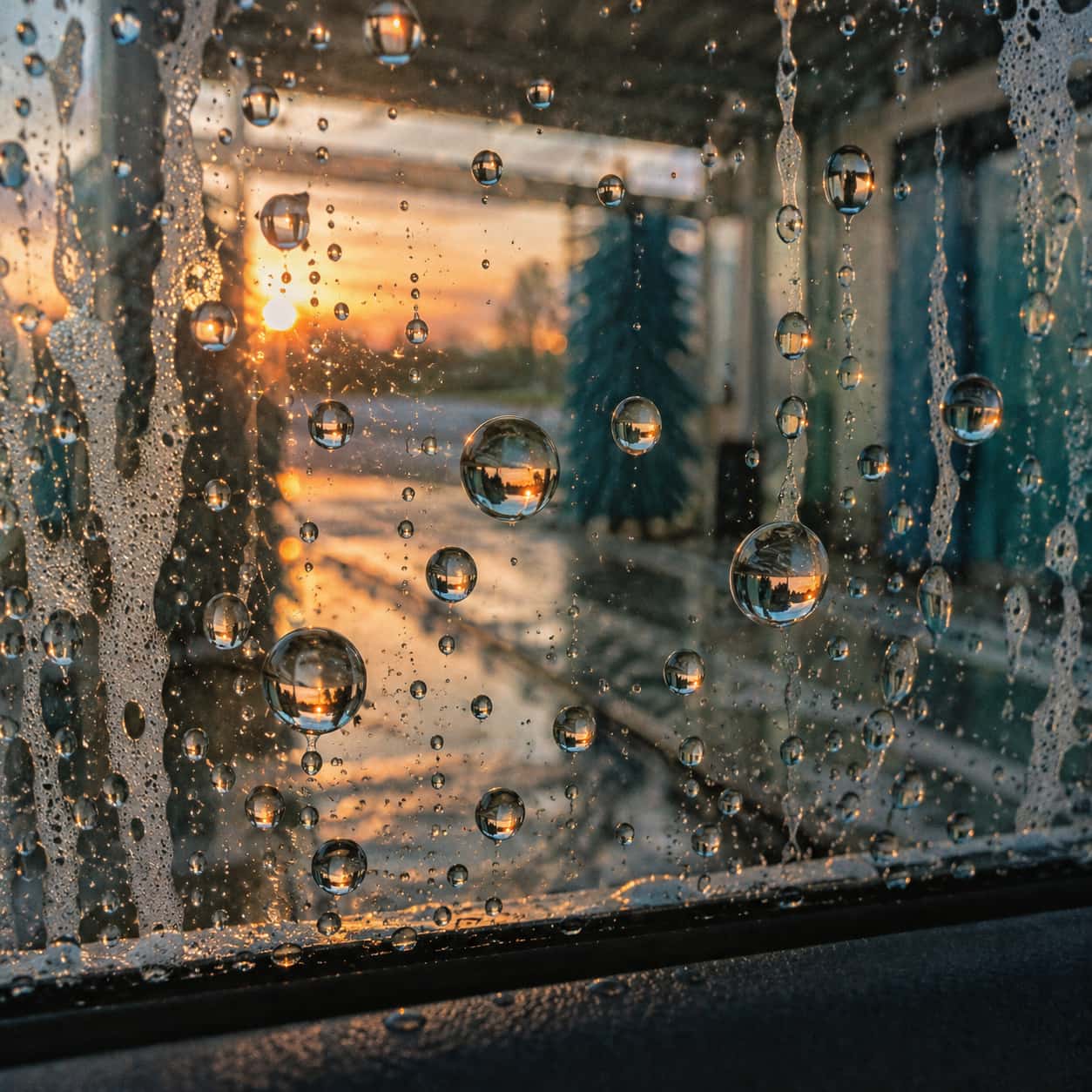 Large water beads on a car side window each hold a tiny upside down sunset with a blurred car wash bay softly out of focus behind them in a film photograph.