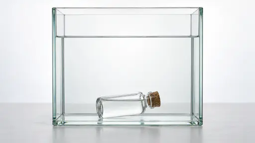 A small glass vial with a cork filled with water lies sunk on the floor of a tall clear glass tank of water in front of a bright diffused backdrop.