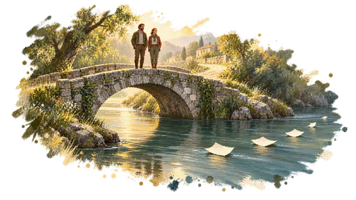 Water under the bridge. Two neighbors stand together on a repaired stone footbridge in warm morning light, both facing the sunlit path ahead, while five torn blank letters drift away on the river beneath the arch — a past difficulty no longer needs to dominate the present.