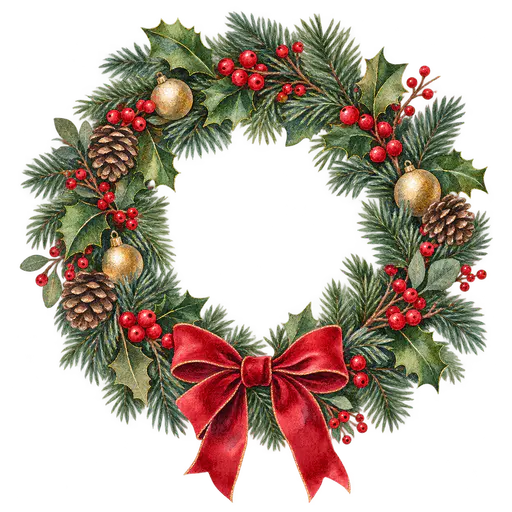 A round watercolor Christmas wreath ring of pine branches, holly leaves, red berries, small pinecones and gold baubles with a red velvet bow at the bottom and a wide open transparent centre.