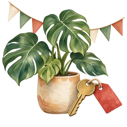 A watercolor cluster of a potted monstera plant, a brass house key on a red tag and a short string of cream, sage and terracotta triangular bunting flags, on a transparent background.