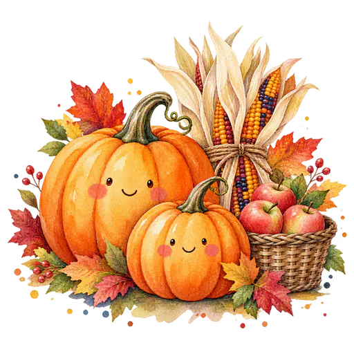 A watercolor cluster of two smiling orange pumpkins, a bundle of dried multicoloured corn with husks, red and gold autumn leaves, red berries and a woven basket of red apples, on a transparent background.
