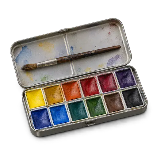 A small open tin watercolour set with twelve coloured half-pans in two rows and one worn round brush lying in the lid, on a transparent background.