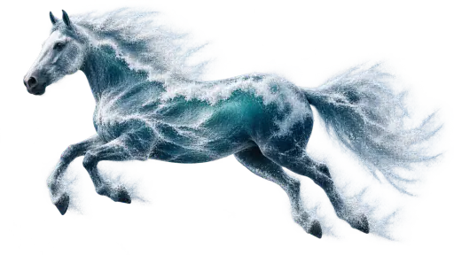 Double exposure artwork of a galloping horse filled with a breaking ocean wave, white foam and spray carrying its mane and tail, isolated on a transparent background.