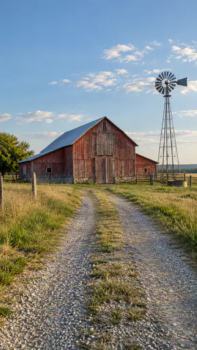 A weathered red timber ranch barn with a pitched roof and a tall hay door stands beside a windmill tower on a gravel track under a wide pasture sky.