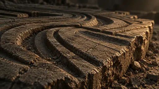 A weathered sandstone slab is carved with a shallow abstract relief of overlapping curves and stepped bands with chisel marks and dust in the grooves in raking light.