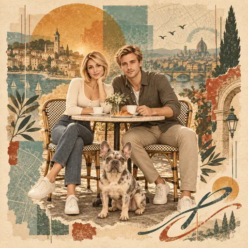 Distressed collage poster of a couple and a French bulldog at a cafe table with a terracotta sun and teal patches