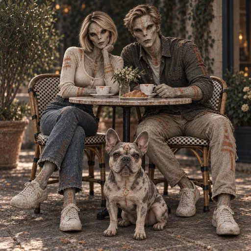 A dark realistic cafe portrait shows two weathered humanoid figures with cracked skin and rusty markings beside a similarly marked French bulldog.