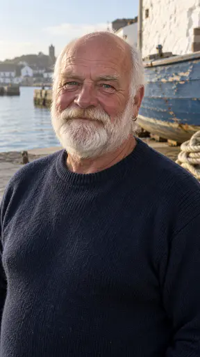 A man in his late sixties with a thick white beard and moustache, pale blue eyes and a small gold hoop earring, in a navy wool sweater on a harbour quay with a faded blue wooden boat and coiled rope.