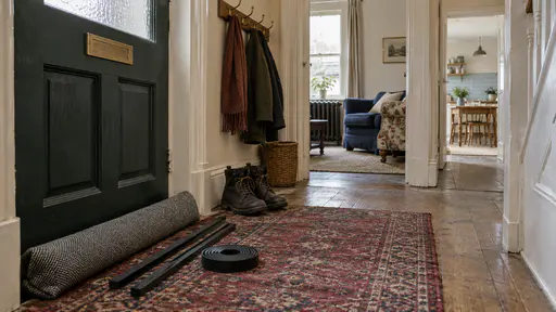 A long grey tweed draft guard lies along the foot of a dark green front door beside two lengths of black foam weatherstrip and a small roll of it on a faded red runner in low raking light.