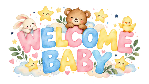 The words WELCOME above BABY in soft rounded hand-painted capital letters in pastel pink, sky blue and butter yellow with tiny stars around them, on a transparent background.
