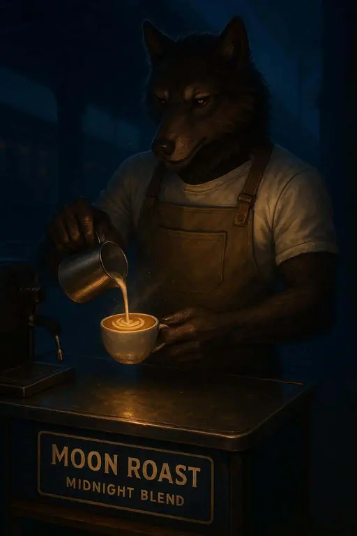 A werewolf barista pours a crescent-foam latte at a midnight pop-up coffee cart under elevated train tracks, glossy cozy Halloween tones and a warm amber counter glow flatter fur and hands.