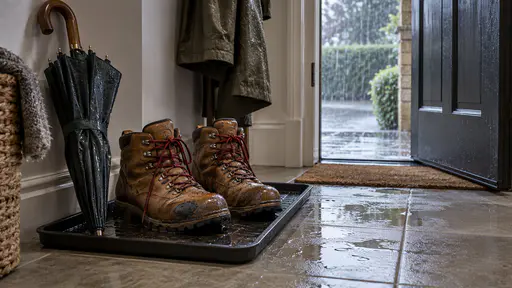 A pair of wet scuffed tan leather boots with dark red laces stand dripping on a hall tray beside a folded wet umbrella and a damp coat on a hook with a puddle on the tiles and rain falling outside the ajar door in grey light.