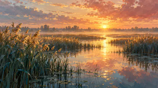 A wetlands landscape at sunrise with backlit tall reed beds, still shallow channels reflecting an amber and rose sky and distant trees in haze.