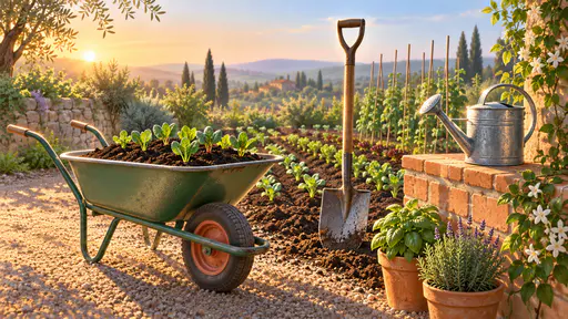 A wheelbarrow of soil and seedlings, an upright spade and a watering can rest in a sunny garden corner in smooth airbrushed morning light.
