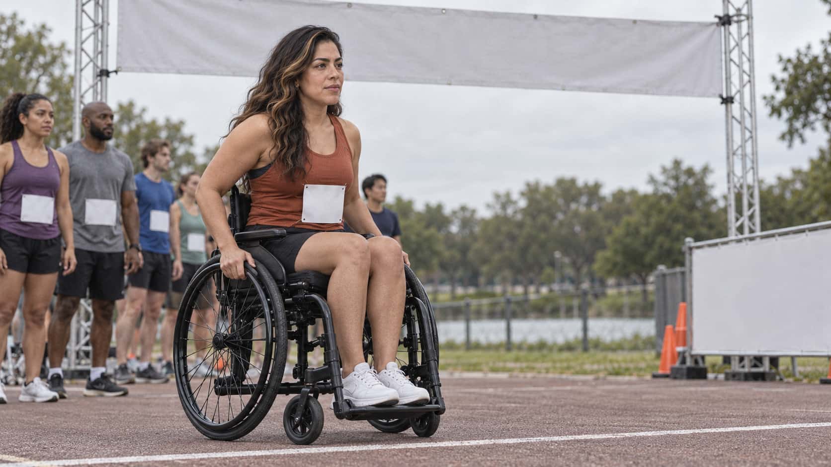 A woman with long dark wavy hair and a caramel streak sits in her plain black manual wheelchair with both hands resting on the pushrims looking down a paved track at the start line of a community fun-run under a blank banner.