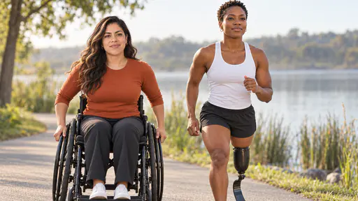A woman in a black manual wheelchair with long wavy dark hair and a runner with a carbon-fibre blade on her right leg move side by side at the same pace along a paved lakeside path in soft morning light, reeds and the lake in soft focus behind them.