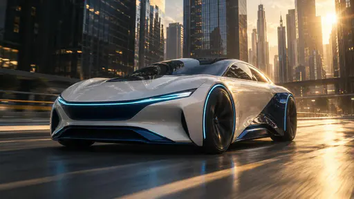 A smooth rounded white and navy futuristic concept car with glowing cyan light strips drives on an asphalt road between tall dark glass skyscrapers in a hazy sun flare from the top right.