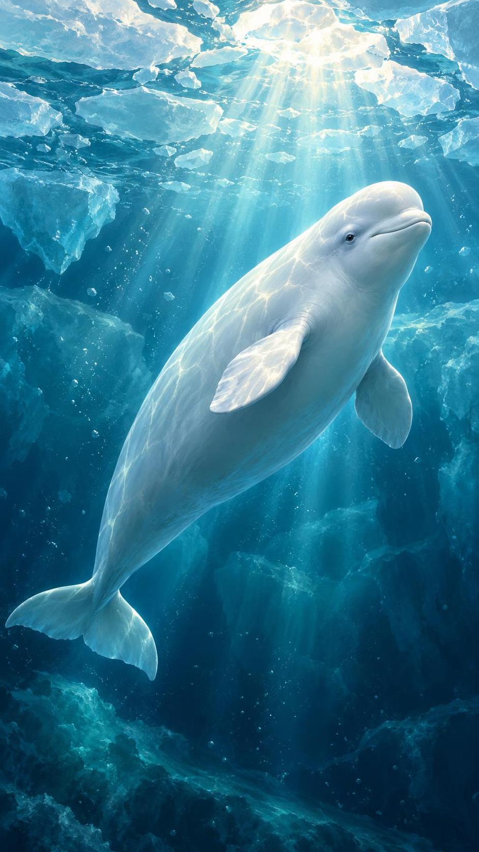 A white beluga whale glides under clear blue arctic water with chunks of floating ice above and sunlight rays beaming down.