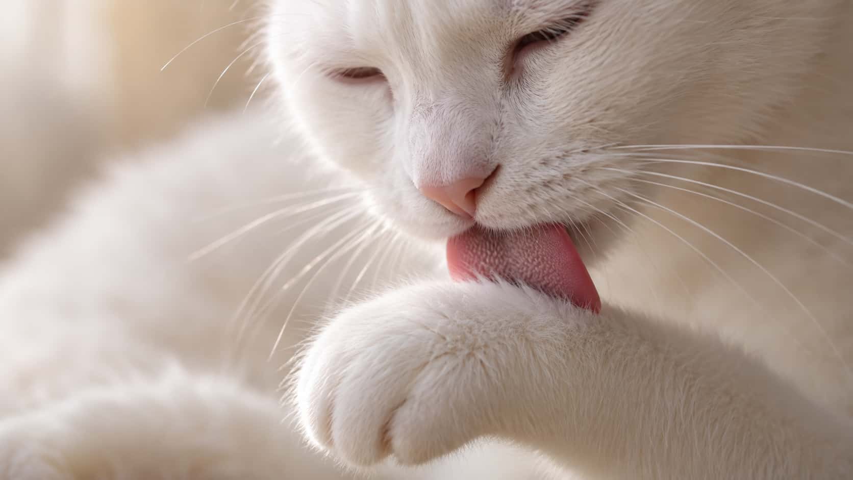 An adult white cat grooms its front paw with its pink tongue in a razor-sharp macro with fine fur and whiskers and a soft cream background.