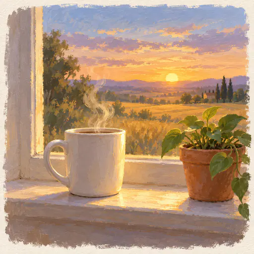 A plain white ceramic mug with curling steam sits on a windowsill beside a small potted plant with golden fields and a dusty blue sky beyond in soft gouache.