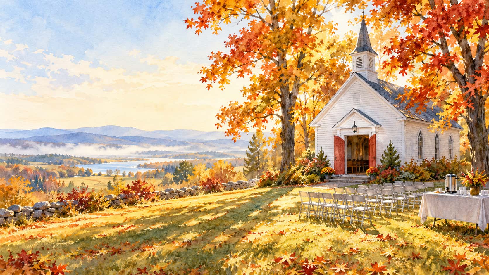 A white clapboard church with propped open doors, folding chairs and a coffee urn on the lawn stands beneath russet and gold autumn maples in broken impressionist watercolor washes.