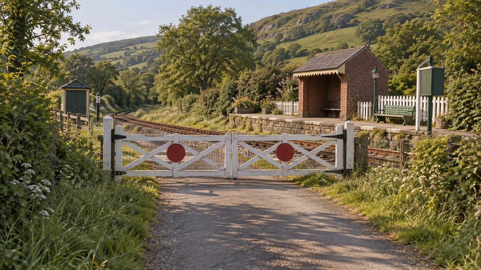 Closed white level-crossing gates stand across a narrow country lane where a single railway track crosses between tall hedgerows and long grass in warm afternoon sun with a green hillside behind.