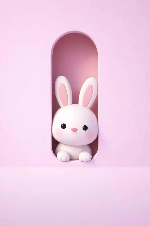 A minimal 3D render of a cute white rabbit peeking through a rounded opening in a smooth pink surface, designed as a whimsical phone wallpaper or icon.