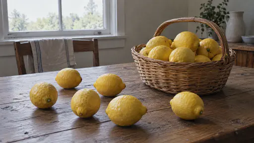 Whole lemons scatter loosely across a plain wooden table in clear morning light scattered beside a plain basket that is full of more whole lemons.
