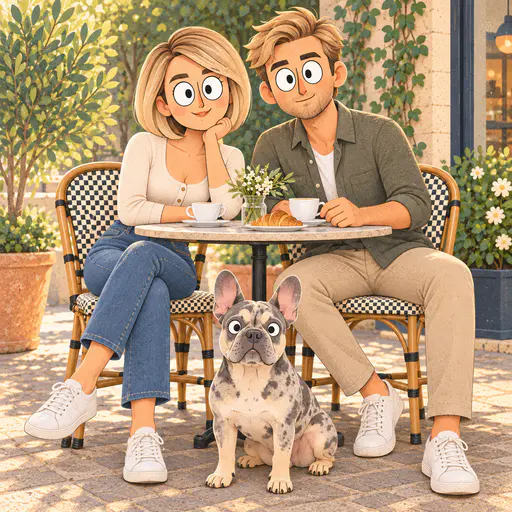 Paper-grain cartoon of a wide-eyed cafe couple and mottled upright-eared bulldog with coffee and flowers.