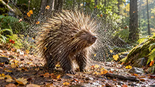 A wild porcupine shakes itself on a forest trail with long quills fanning out in a bristling halo and dust and leaves flying in soft woodland light.