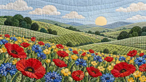 A wildflower meadow on rolling hills built from joined floral, checked and striped fabric patches with quilting stitches and a pale blue linen sky.