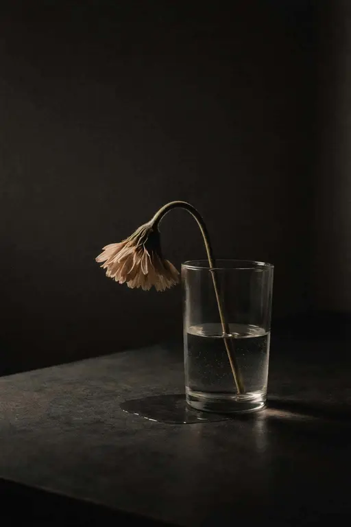 Vertical 2:3 still-life of a single wilted flower in a clear glass on a dark tabletop, lower-frame composition with soft side window light, warm restrained highlights and deep charcoal shadows.