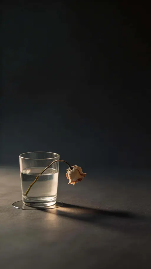 Still-life vertical wallpaper of a single wilted flower in a glass on a dark tabletop, soft side window light, subdued warm highlights, deep charcoal shadows.