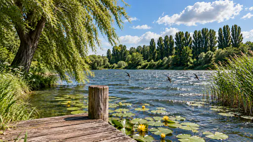 Wind riffles the whole surface of a pond into small bright ripples and bends the reeds and the willow's trailing branches to one side while three swifts skim low over the water in bright broken afternoon light.