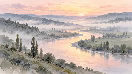 A river bends in a long S-curve across a misty valley at first light between low hills and poplars in grey-blue and rose-gold washes with ink fragments.
