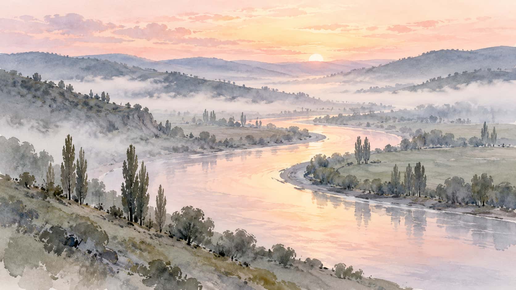A river bends in a long S-curve across a misty valley at first light between low hills and poplars in grey-blue and rose-gold washes with ink fragments.