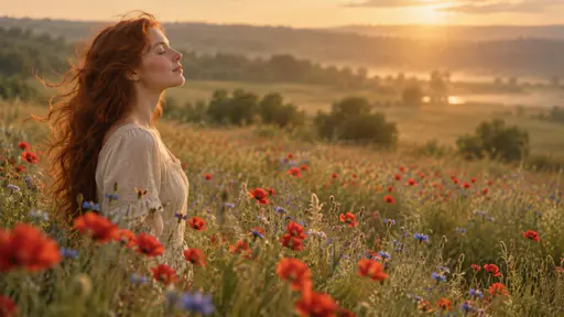 A young woman with long windswept copper red hair in a cream linen blouse stands in profile in a dusky meadow of poppies and cornflowers at golden hour with soft haze.