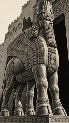The Mesopotamian Lamassu, a winged bull with a bearded human head and a tall horned crown, guards a stepped palace gateway in white line wood engraving.